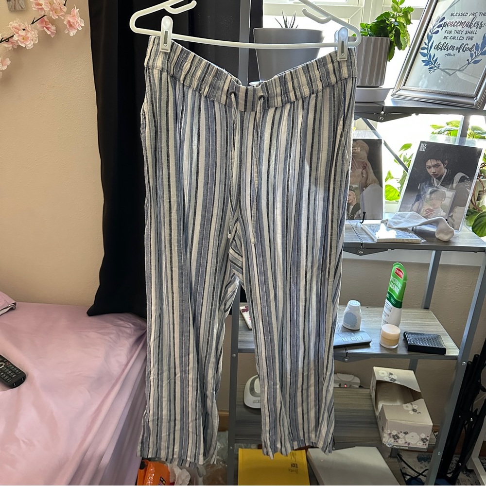 Denim & Company Naturals Linen Blend Full Length Pants in Blue Multi